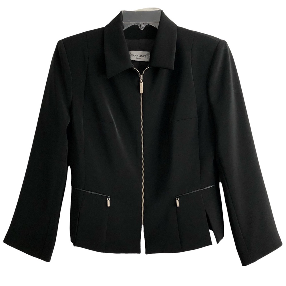 Manigance Paris French Designer Black Leather Trim Zip Front Blazer 40